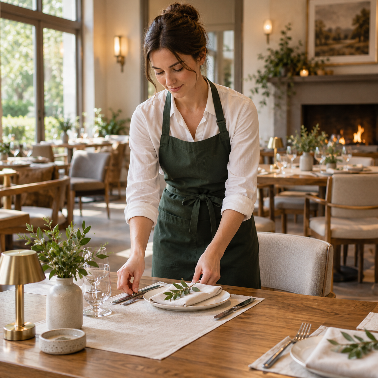 A restaurant team member carefully prepares a table before guests arrive.